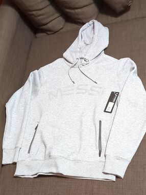 Messi Collection, Light Gray/ Black Zip Pockets Fleece Hooded Pullover Swetshirt